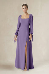 Tahiti Square Neck Long Sleeve A-Line Chiffon Bridesmaid Dress in Tahiti | KISSBRIDAL