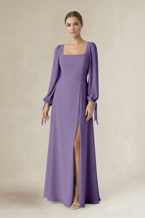 Tahiti Square Neck Long Sleeve A-Line Chiffon Bridesmaid Dress in Tahiti | KISSBRIDAL
