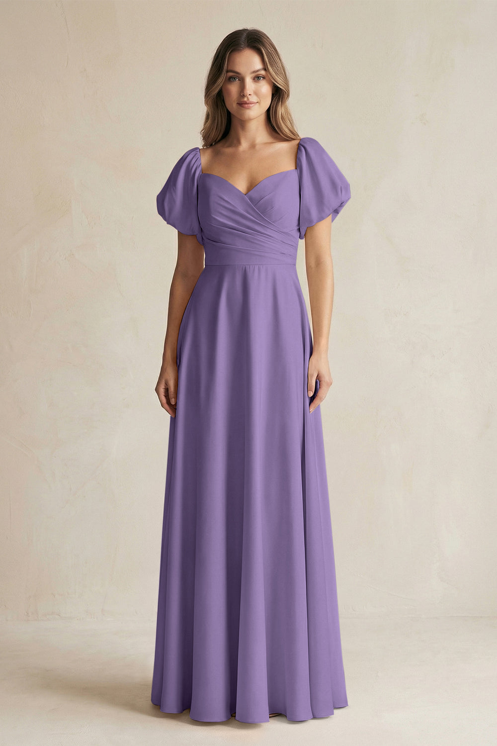 Sweetheart Puff Sleeve A-Line Chiffon Bridesmaid Dress in Tahiti
