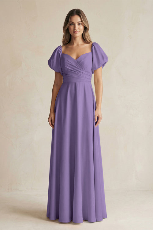 Tahiti Sweetheart Puff Sleeve A-Line Chiffon Bridesmaid Dress | KISSBRIDAL