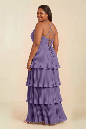 Tahiti Tiered Pleated V-Neck A-Line Chiffon Bridesmaid Dress (2) [sizeplus] | KISSBRIDAL