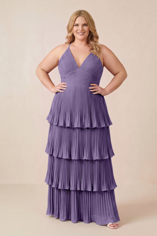 Tahiti Tiered Pleated V-Neck A-Line Chiffon Bridesmaid Dress (3) [sizeplus] | KISSBRIDAL