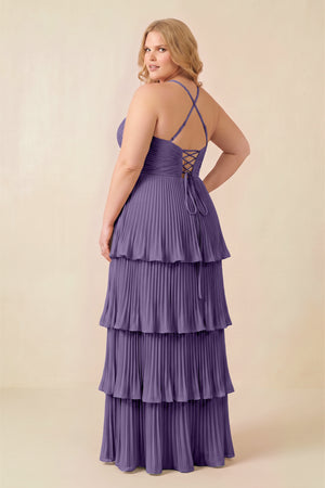 Tahiti Tiered Pleated V-Neck A-Line Chiffon Bridesmaid Dress (4) [sizeplus] | KISSBRIDAL