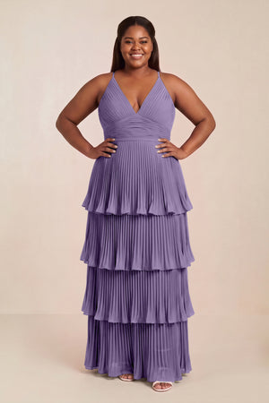 Tahiti Tiered Pleated V-Neck A-Line Chiffon Bridesmaid Dress [sizeplus] | KISSBRIDAL