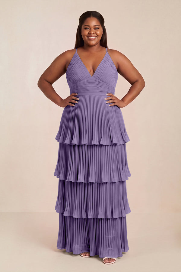 Tahiti Tiered Pleated V-Neck A-Line Chiffon Bridesmaid Dress [sizeplus] | KISSBRIDAL