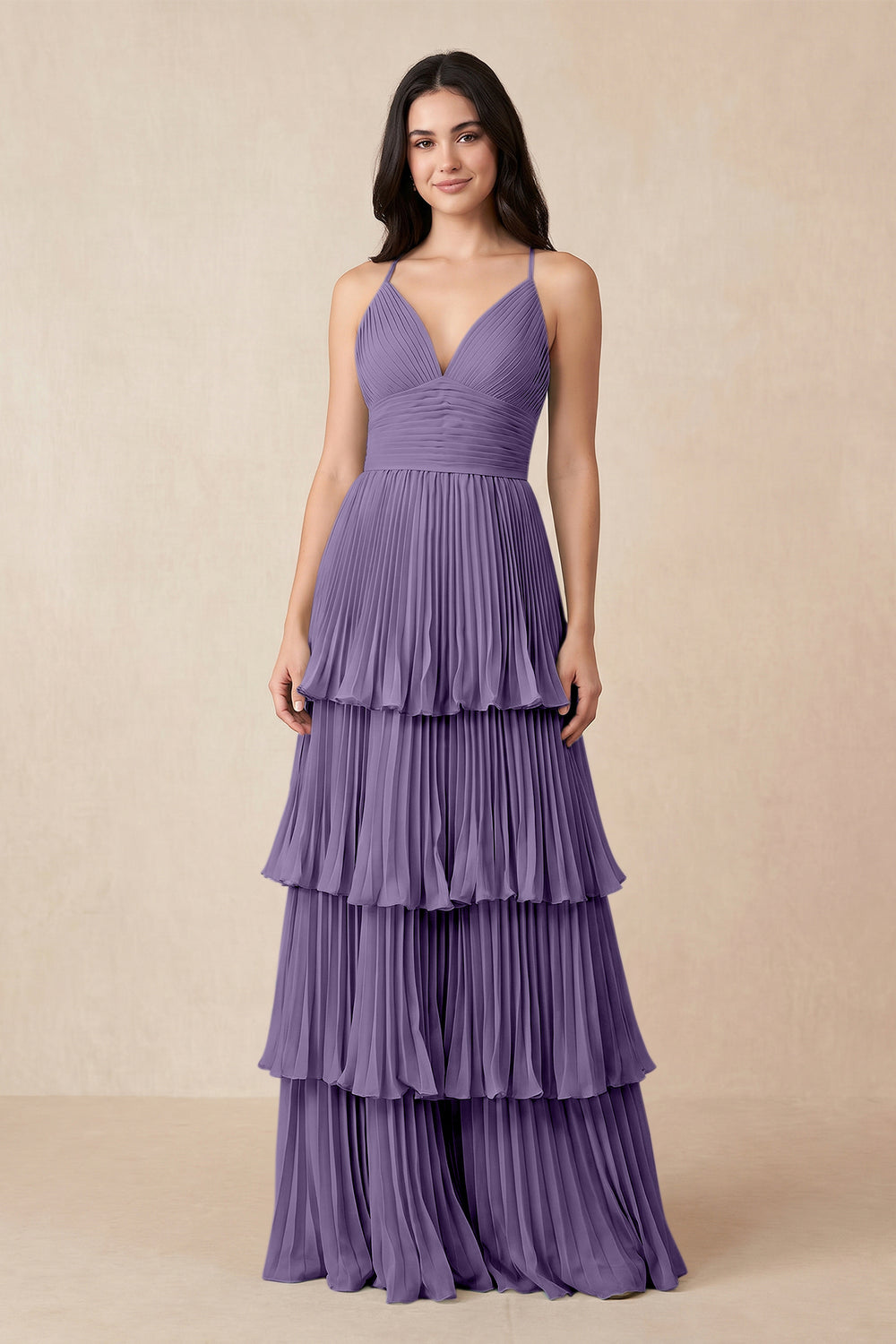 Tiered Pleated V-Neck A-Line Chiffon Bridesmaid Dress in Tahiti