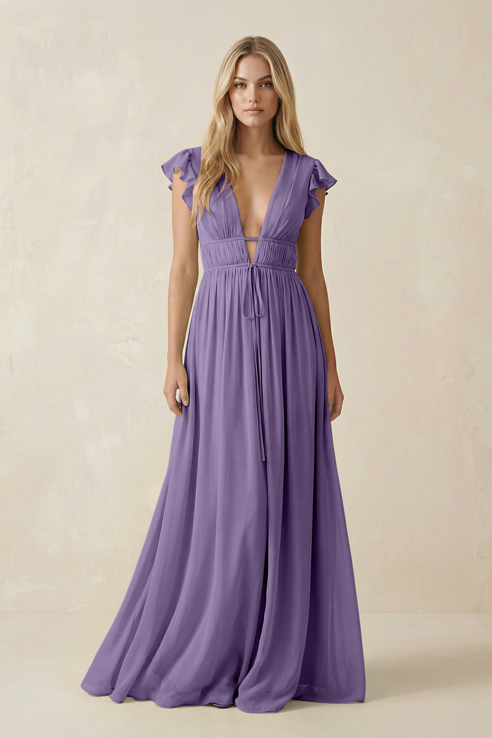 V-Neck A-Line Chiffon Cap Sleeves Bridesmaid Dress in Tahiti