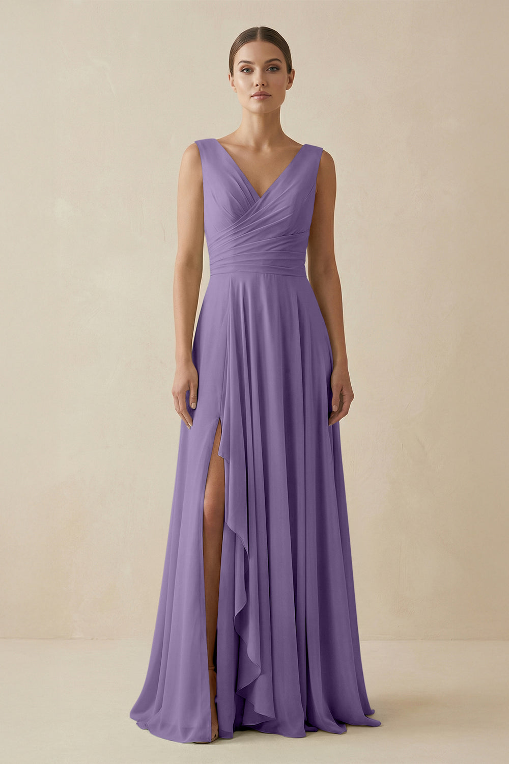 V-Neck A-Line Chiffon Ruffled Bridesmaid Dress in Tahiti