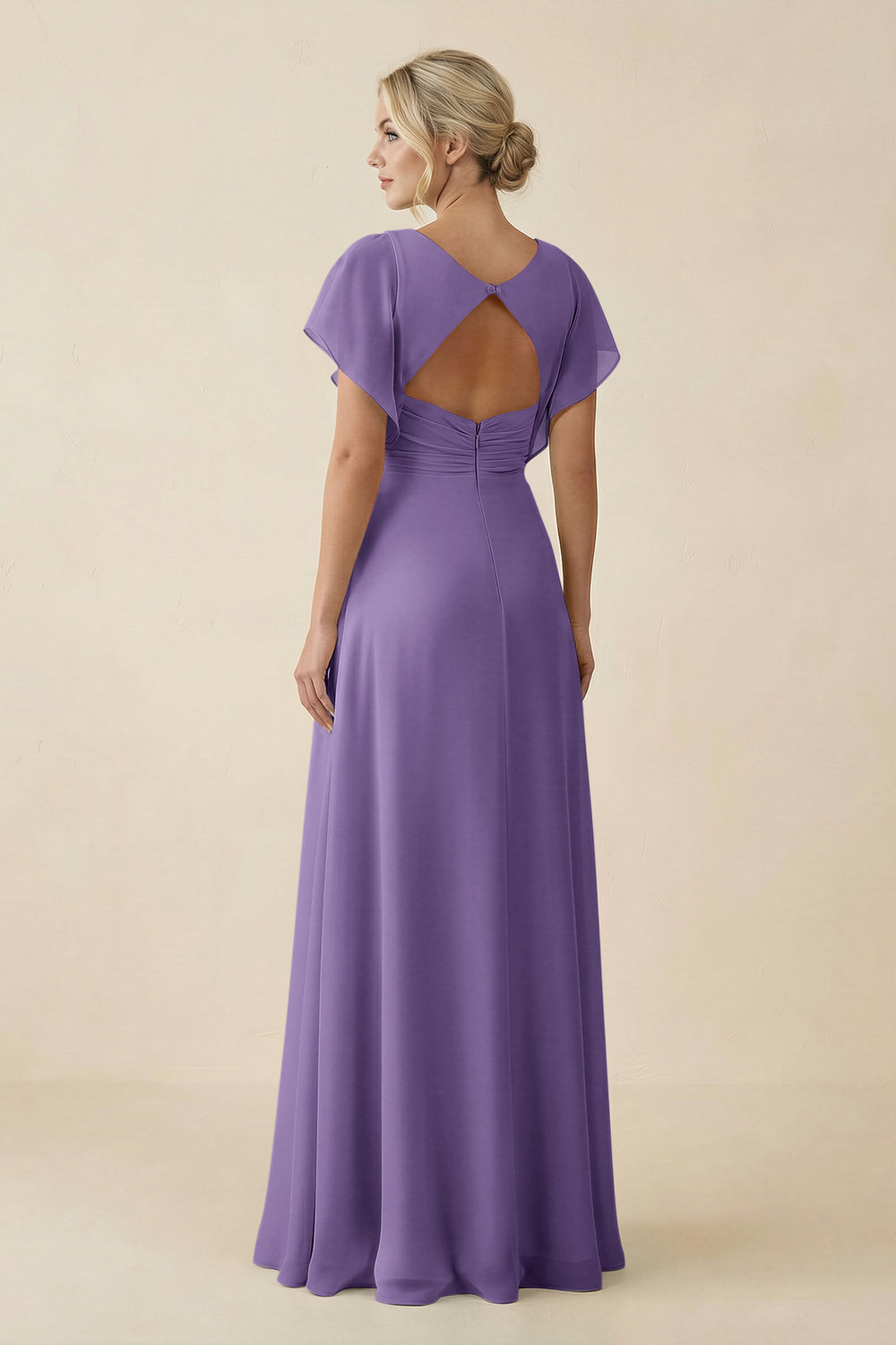 V-Neck Cap Sleeve Chiffon Bridesmaid Dress with Cut-out Back in Tahiti
