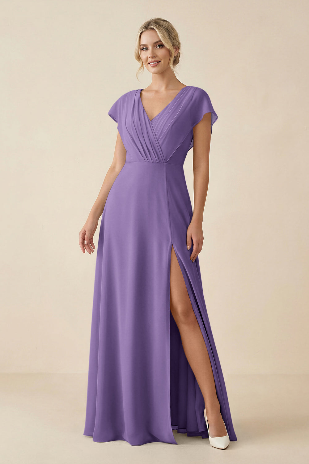 V-Neck Cap Sleeve Chiffon Bridesmaid Dress with Cut-out Back in Tahiti