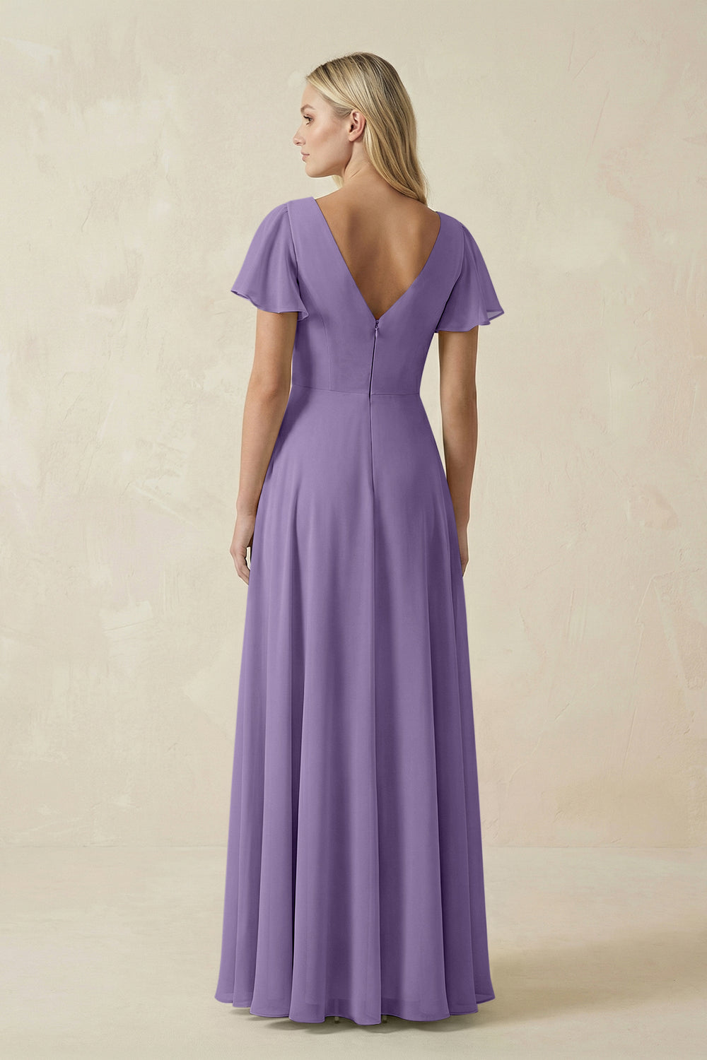V-Neck Flutter Sleeve A-Line Chiffon Bridesmaid Dress in Tahiti