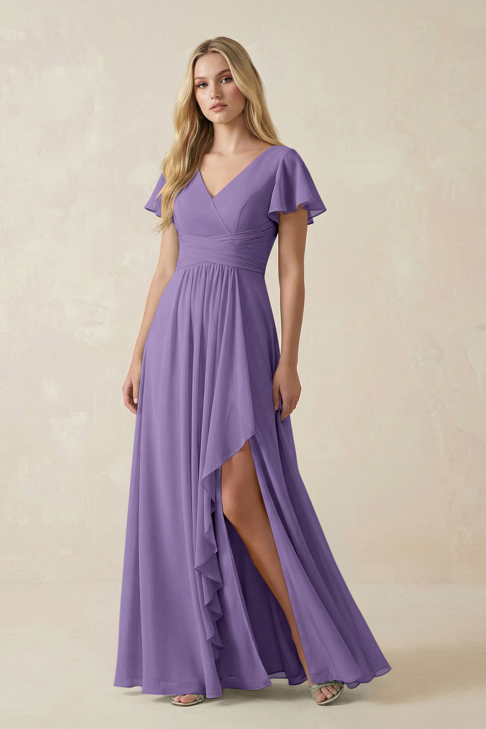 V-Neck Flutter Sleeve A-Line Chiffon Bridesmaid Dress in Tahiti