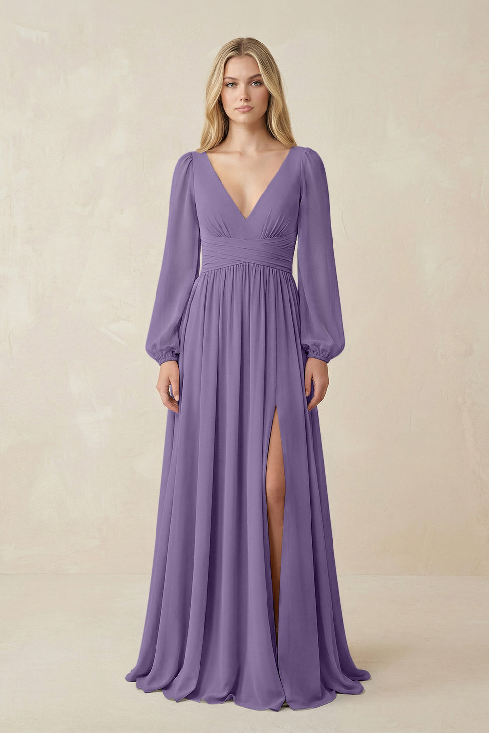 V-Neck Long Sleeve A-Line Chiffon Bridesmaid Dress in Tahiti