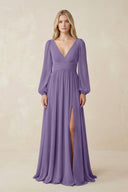 Tahiti V-Neck Long Sleeve A-Line Chiffon Bridesmaid Dress | KISSBRIDAL