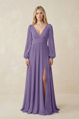 Tahiti V-Neck Long Sleeve A-Line Chiffon Bridesmaid Dress | KISSBRIDAL
