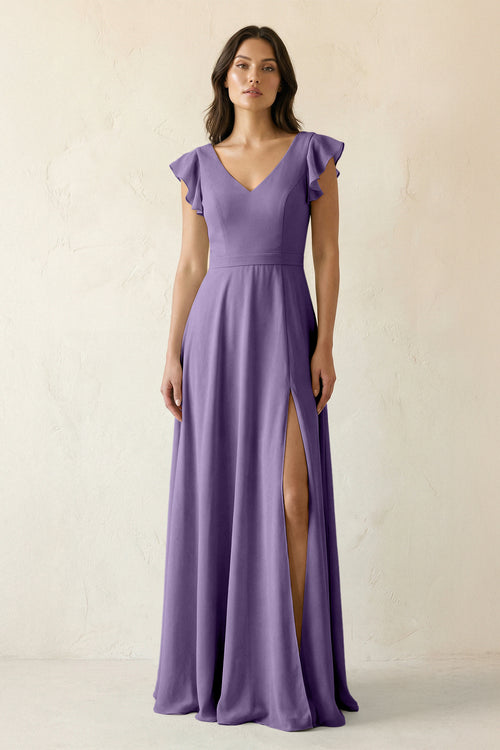 Tahiti V-Neck Ruffled A-Line Chiffon Bridesmaid Dress | KISSBRIDAL