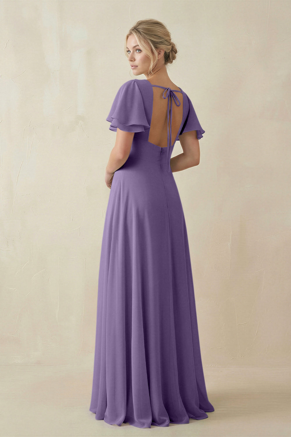 V-Neck Ruffled Short Sleeves A-Line Bridesmaid Dress in Tahiti