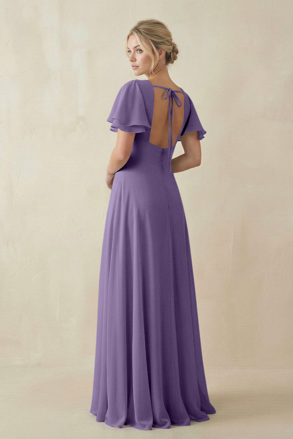 Tahiti V-Neck Ruffled Short Sleeves A-Line Bridesmaid Dress (2) | KISSBRIDAL