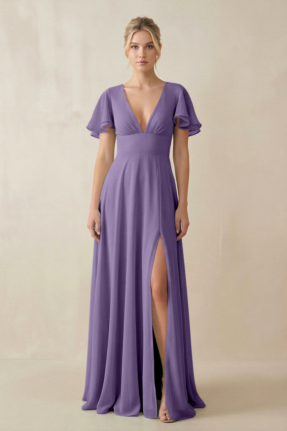 V-Neck Ruffled Short Sleeves A-Line Bridesmaid Dress in Tahiti