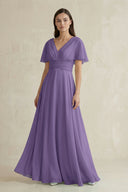 Tahiti V-Neck Ruffled Sleeve A-Line Chiffon Bridesmaid Dress | KISSBRIDAL