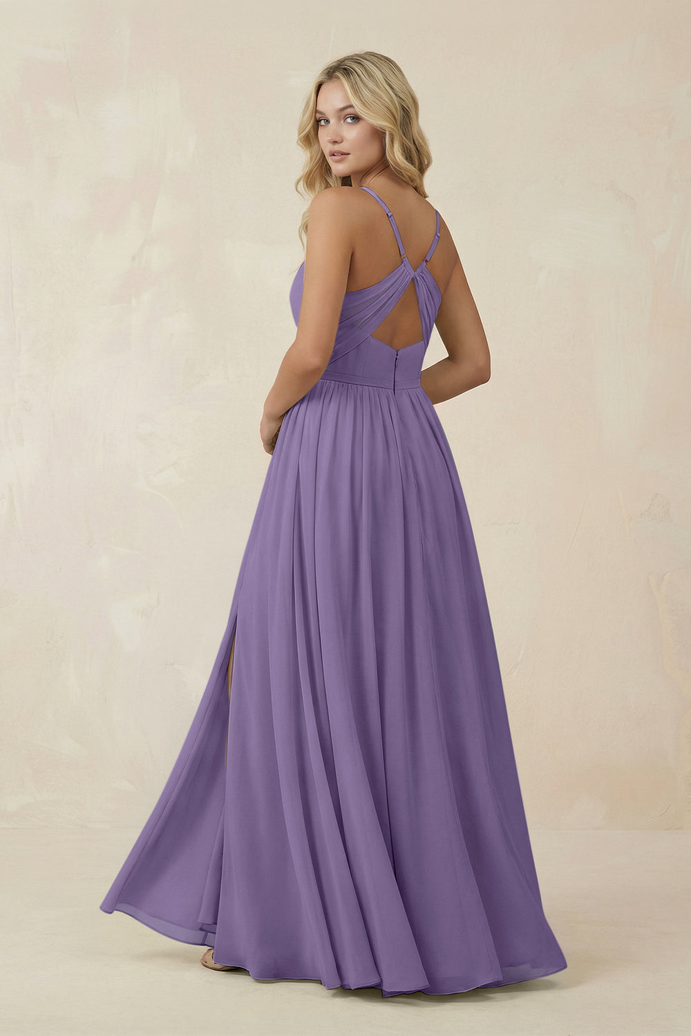 V-Neck Spaghetti Strap A-Line Chiffon Bridesmaid Dress in Tahiti