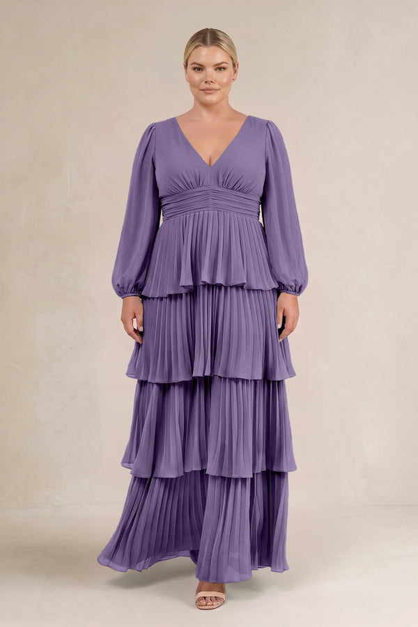 Tahiti V-Neck Tiered A-Line Long Sleeve Bridesmaid Dress (3) [sizeplus] | KISSBRIDAL