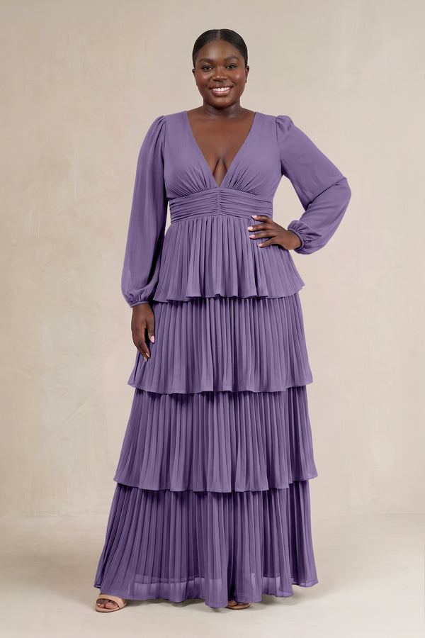 Tahiti V-Neck Tiered A-Line Long Sleeve Bridesmaid Dress [sizeplus] | KISSBRIDAL