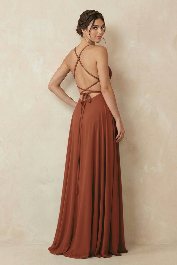 Terracotta A-Line Chiffon Bridesmaid Dress With Slit (2) | KISSBRIDAL