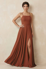 Terracotta A-Line Chiffon Bridesmaid Dress With Slit | KISSBRIDAL