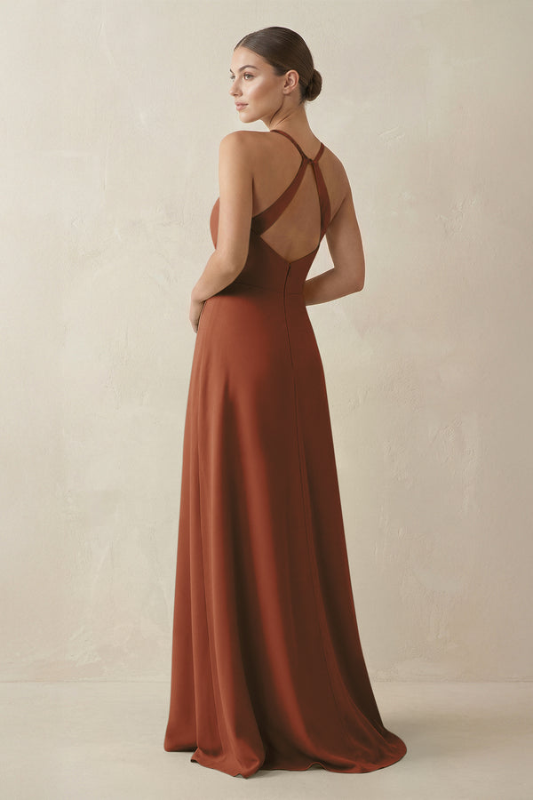 Terracotta A-Line Chiffon Long Bridesmaid Dress With Slit (2) | KISSBRIDAL