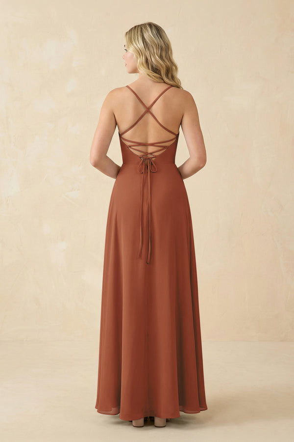 Terracotta A-Line Chiffon Spaghetti Strap Bridesmaid Dress (2) | KISSBRIDAL
