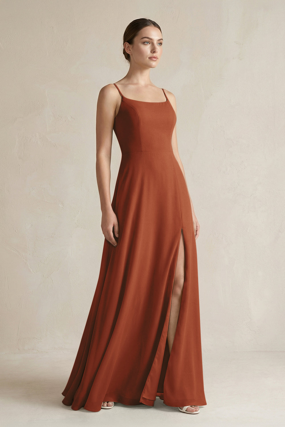 A-Line Chiffon Spaghetti Strap Bridesmaid Dress in Terracotta