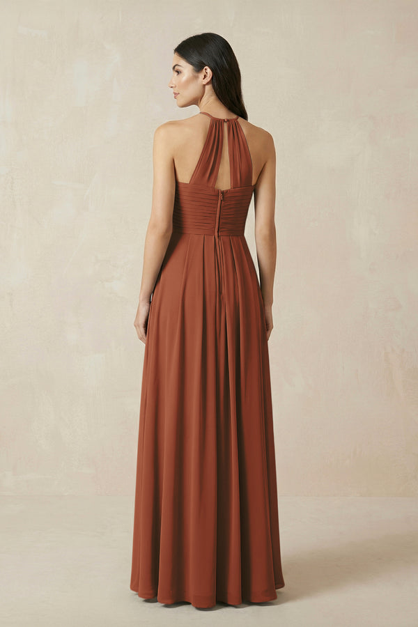 Terracotta A-Line Halter Neck Pleated Chiffon Bridesmaid Dress (2) | KISSBRIDAL