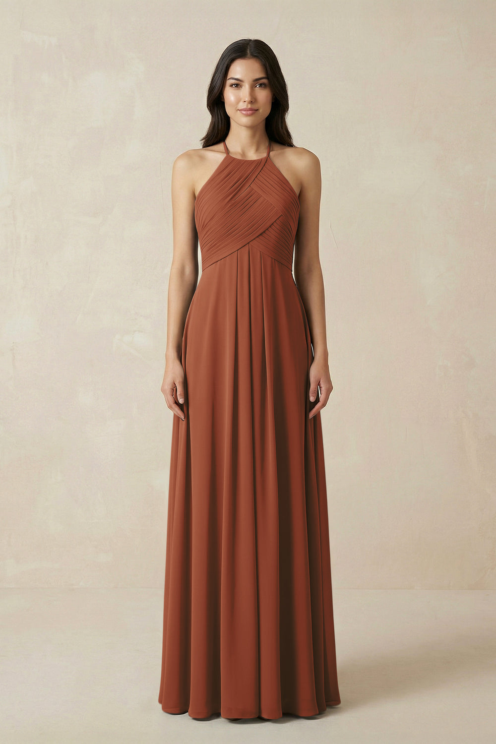 A-Line Halter Neck Pleated Chiffon Bridesmaid Dress in Terracotta