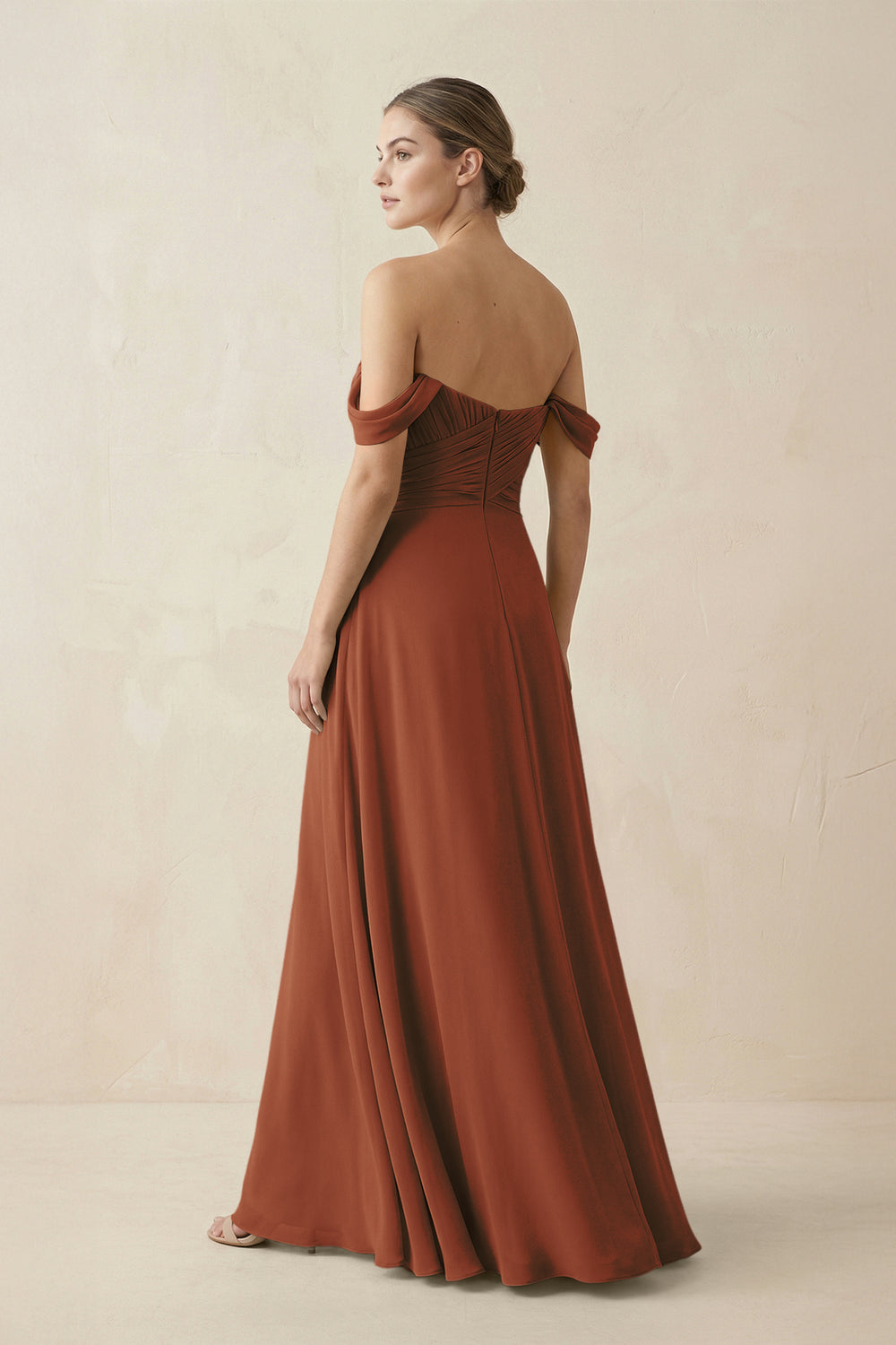 A-Line Off-the-Shoulder Chiffon Bridesmaid Dress in Terracotta
