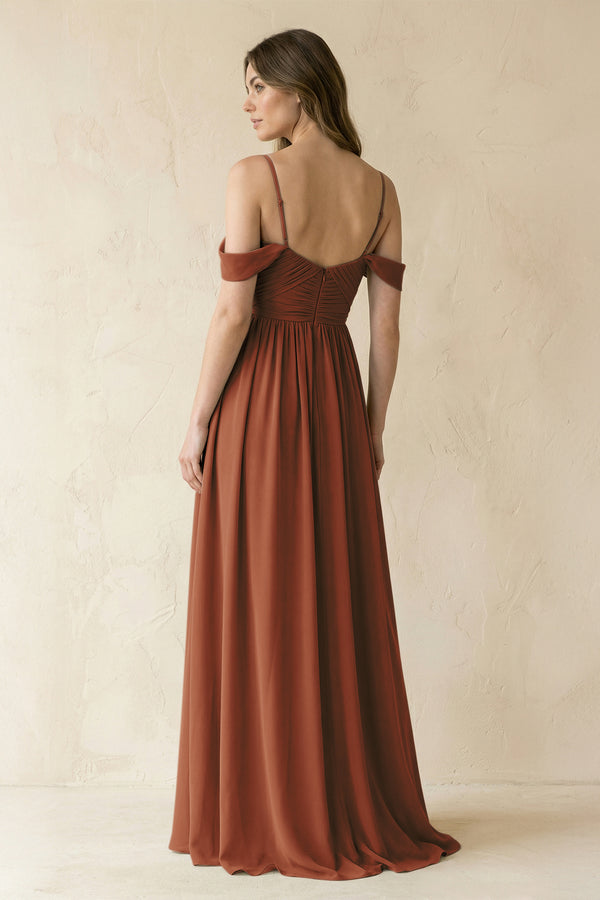 Terracotta A-Line Off-the-Shoulder Pleated Chiffon Bridesmaid Dress (2) | KISSBRIDAL