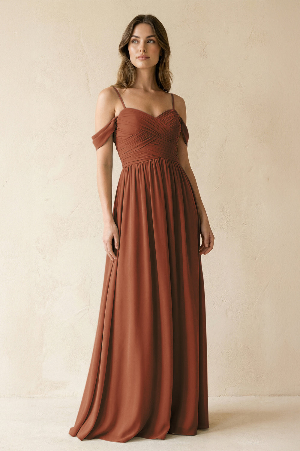 A-Line Off-the-Shoulder Pleated Chiffon Bridesmaid Dress in Terracotta