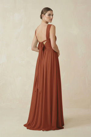Terracotta A-Line Pleated Chiffon Long Bridesmaid Dress (2) | KISSBRIDAL
