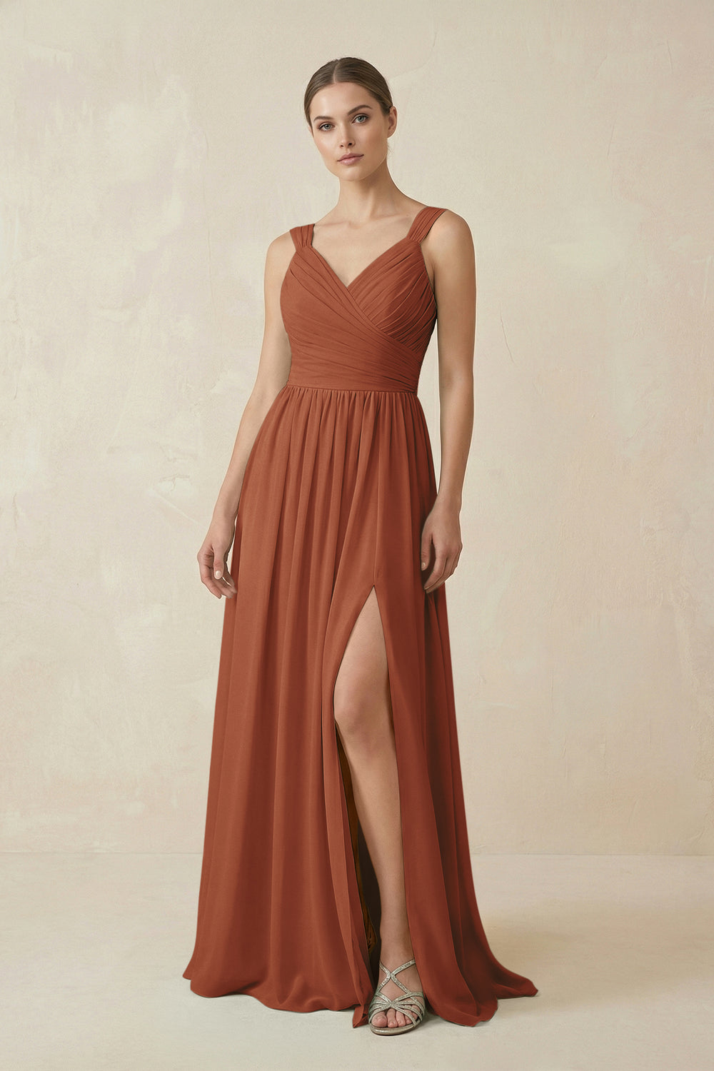 A-Line Pleated Chiffon Long Bridesmaid Dress in Terracotta