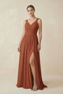 Terracotta A-Line Pleated Chiffon Long Bridesmaid Dress | KISSBRIDAL
