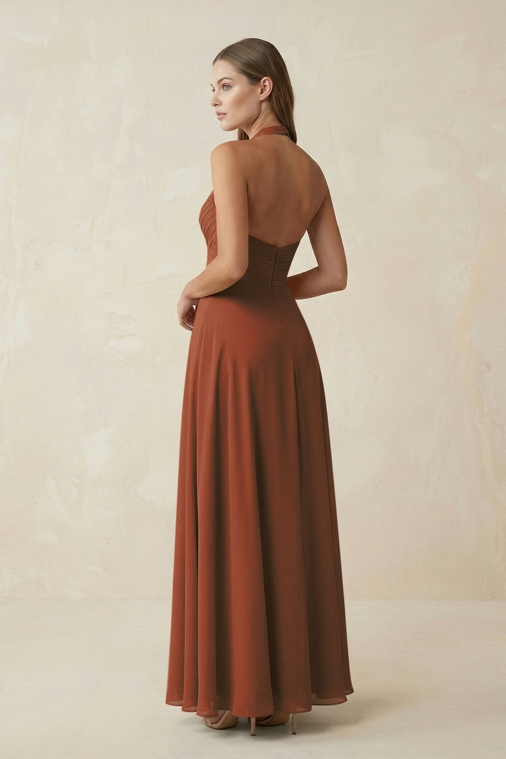 A-Line Pleated Chiffon V-Neck Bridesmaid Dress in Terracotta