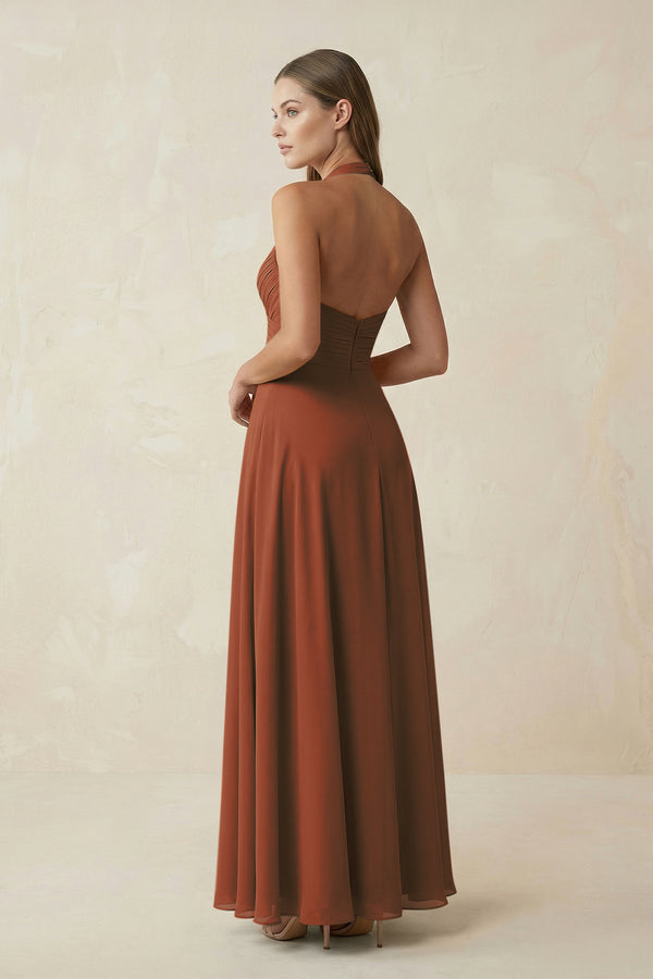 Terracotta A-Line Pleated Chiffon V-Neck Bridesmaid Dress (2) | KISSBRIDAL