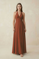 Terracotta A-Line Pleated Chiffon V-Neck Bridesmaid Dress | KISSBRIDAL