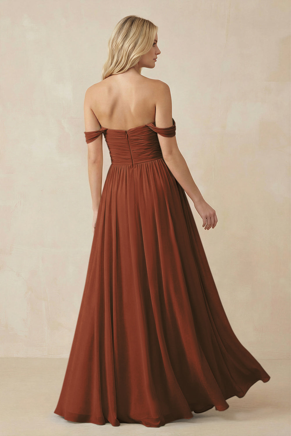 A-Line Pleated Long Chiffon Bridesmaid Dress in Terracotta