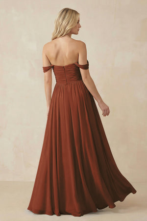 Terracotta A-Line Pleated Long Chiffon Bridesmaid Dress (2) | KISSBRIDAL