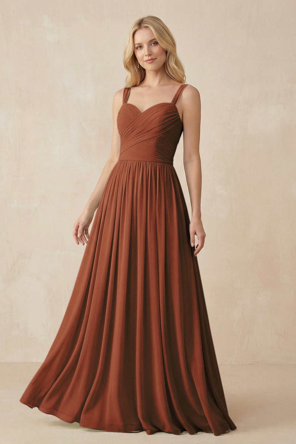 A-Line Pleated Long Chiffon Bridesmaid Dress in Terracotta