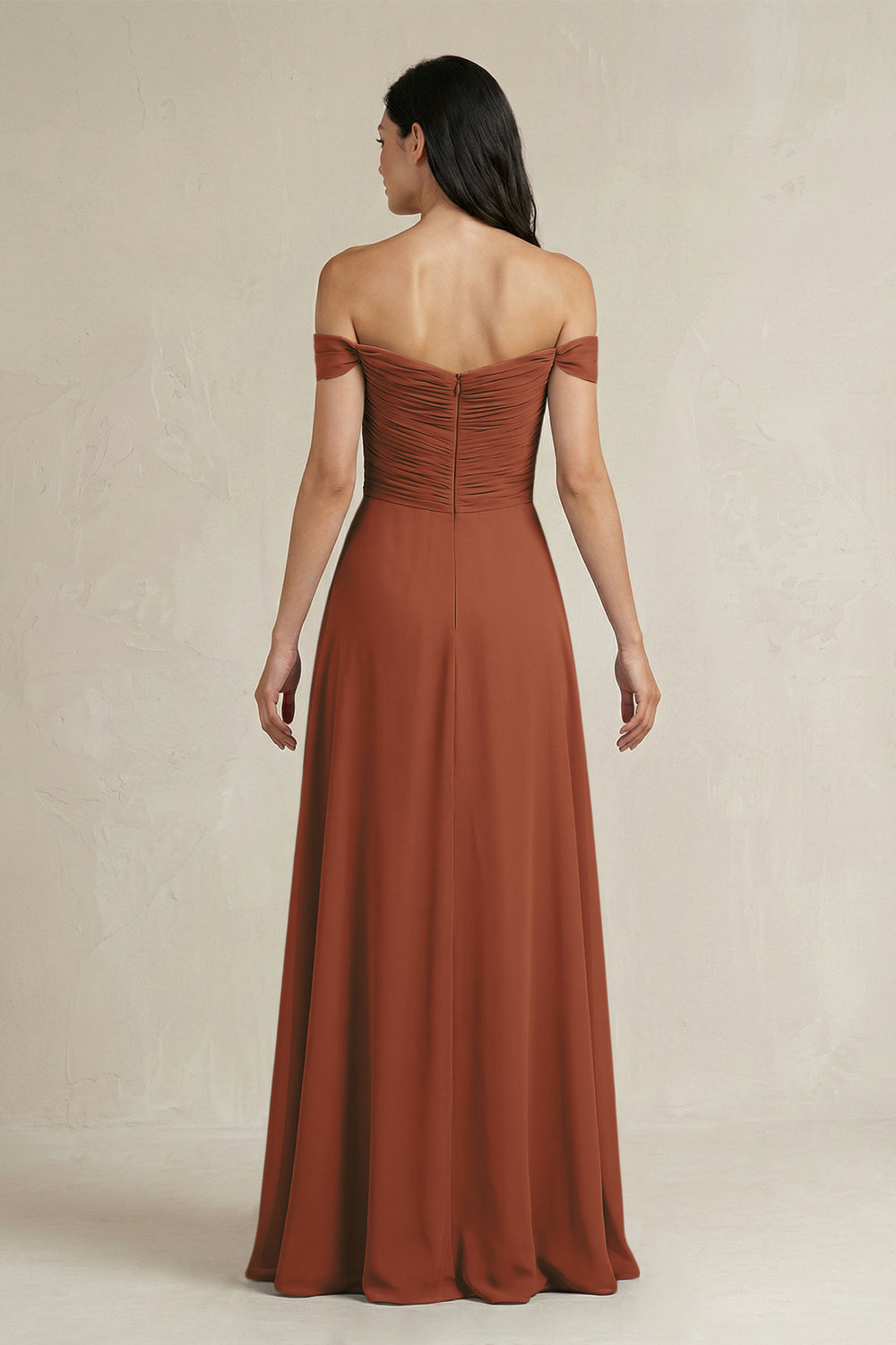 A-Line Pleated Off-the-Shoulder Chiffon Bridesmaid Dress in Terracotta