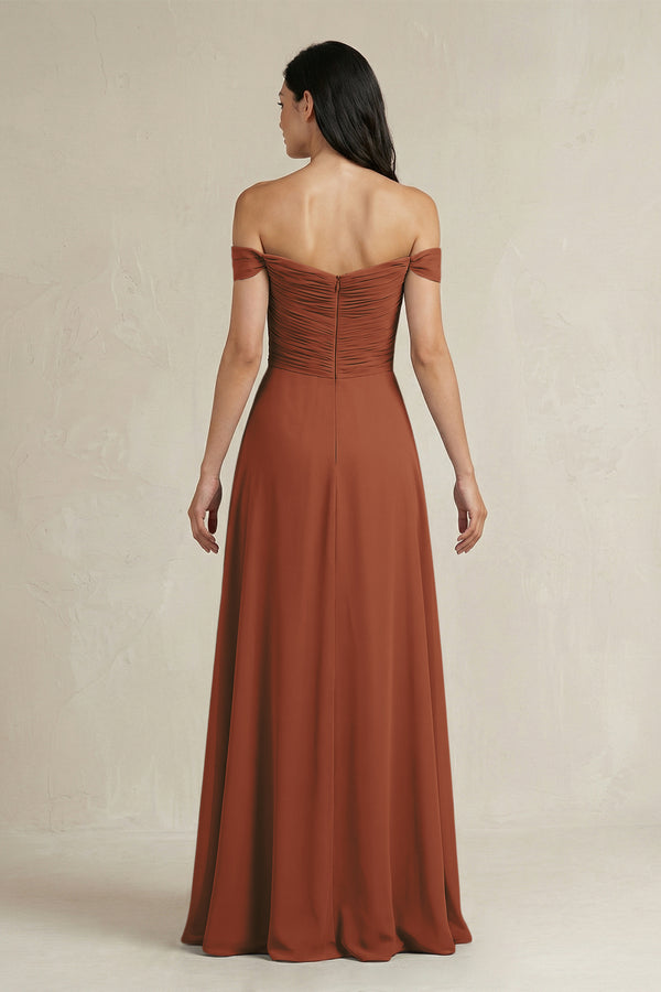 Terracotta A-Line Pleated Off-the-Shoulder Chiffon Bridesmaid Dress (2) | KISSBRIDAL