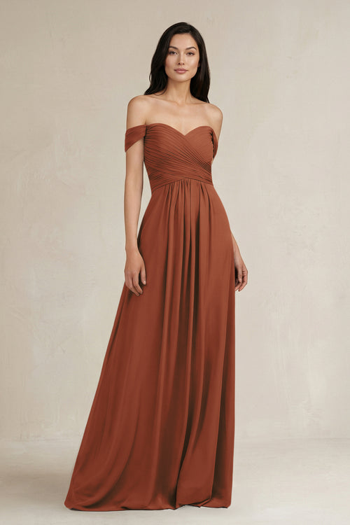 Terracotta A-Line Pleated Off-the-Shoulder Chiffon Bridesmaid Dress | KISSBRIDAL