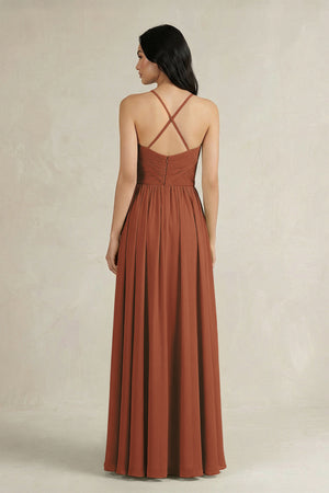 Terracotta A-Line Pleated Spaghetti Strap Chiffon Bridesmaid Dress (2) | KISSBRIDAL